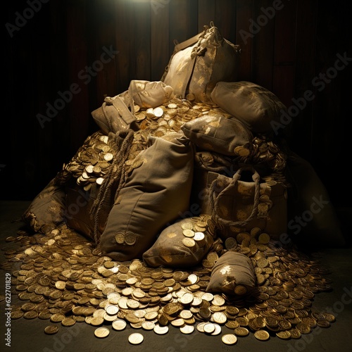 A bag of gold coins. Great for stories about adventure, treasure, pirates, fantasy, wealth, business and more.  photo