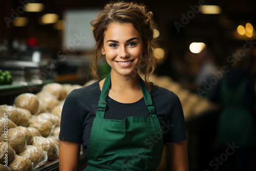 Young saleswoman in apron works on supermarket. Generative AI