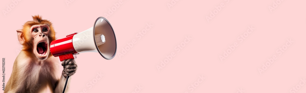 Fototapeta premium Monkey with a megaphone on a pink background.