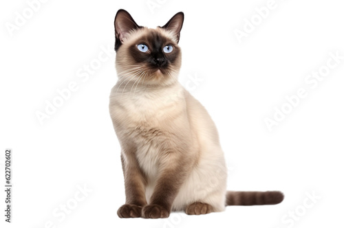 Siamese cat with bright blue eyes on a transparent background.