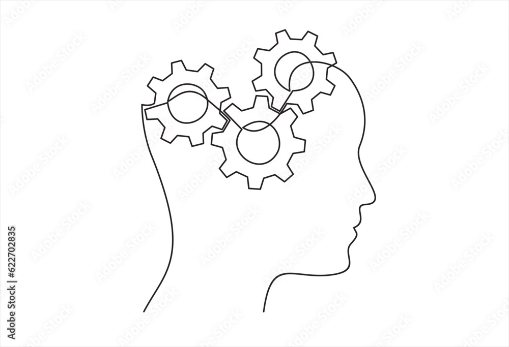 Head of a man with gears inside, drawn in one line on a white ...