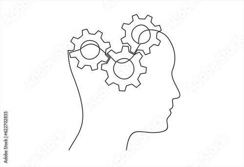Head of a man with gears inside, drawn in one line on a white background. One-line drawing. Continuous line. Vector