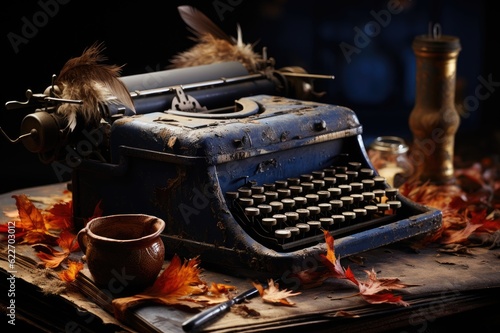 A Nostalgic Journey: Capturing the Essence of Creativity with an Image of a Weathered Notebook, Feather Quill, and Ink Pot, While a Classic Typewriter Lingers in the Background Generative AI © furyon