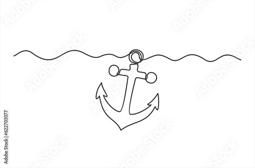 Continuous one line drawing of anchor. Vector illustration on white background.