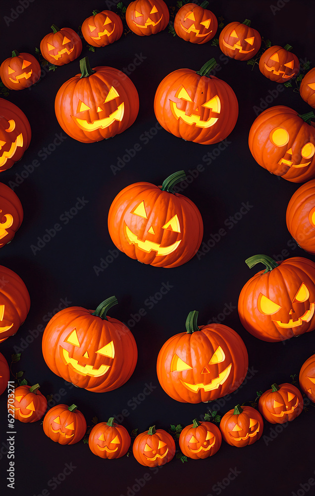 Halloween pumpkins on a dark background. Generative AI. Halloween pumpkins on a dark background. Generative AI.