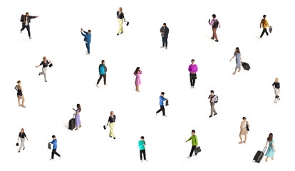 Different people, men and women doing diversity of tasks, working, travelling, walking. Conceptual collage. Isometric view.