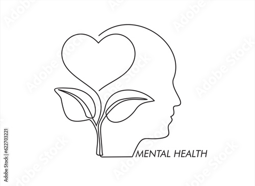 One continuous single line of human head with heart shape flower inside. Mental health concept vector illustration. Psychological therapy and treatment. World mental health day.