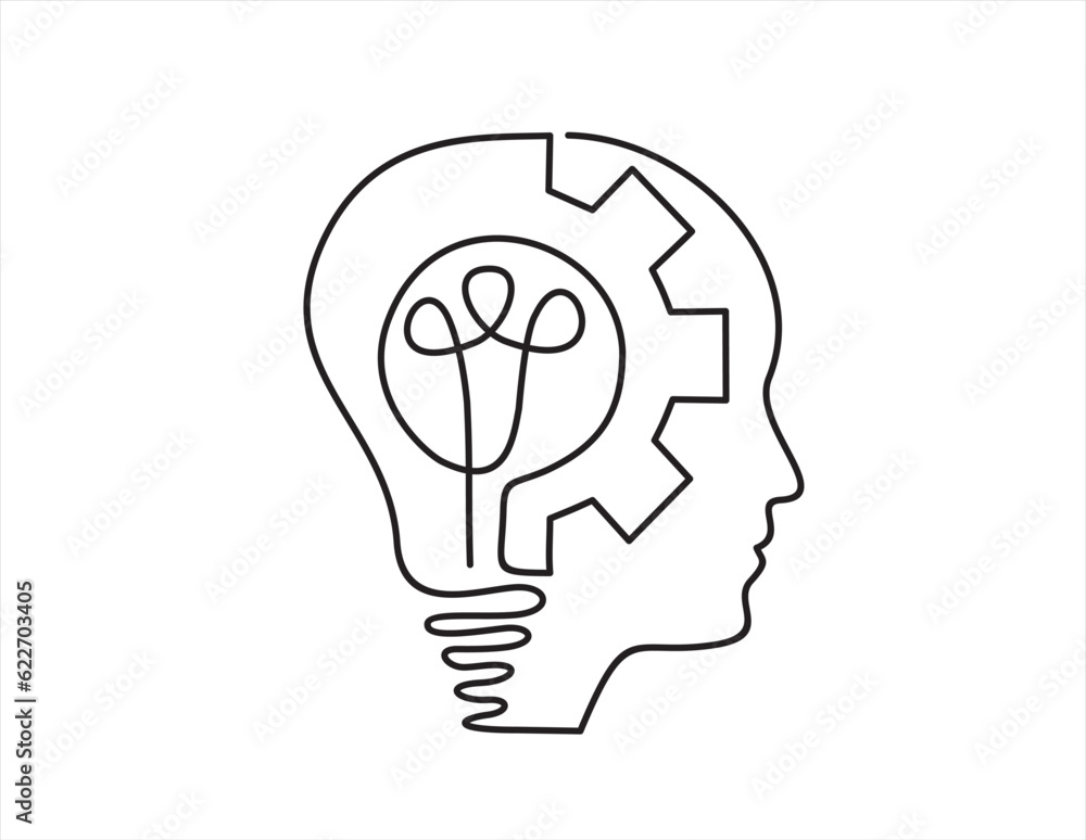 Continuous one line drawing of man head with lightbulb with gears as line drawing on white background. Vector Continuous one line drawing of man head with lightbulb with gears as line drawing on white background. Vector