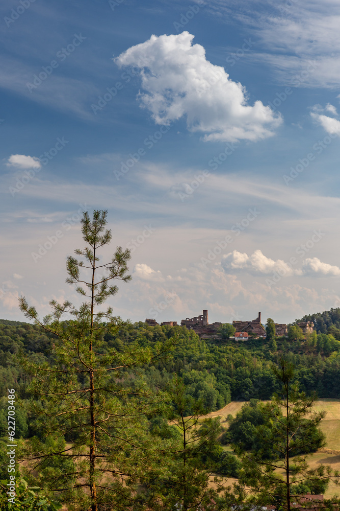 Distant View of Castle Altdahnt in Dahner Felsenland, Rhineland-Palatinate, Germany, Europe Distant View of Castle Altdahnt in Dahner Felsenland, Rhineland-Palatinate, Germany, Europe