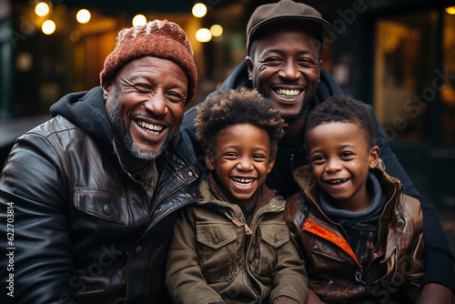Fatherhood. Grandfather, father, and two sons laughing into the camera. Happy African American family. Generative AI