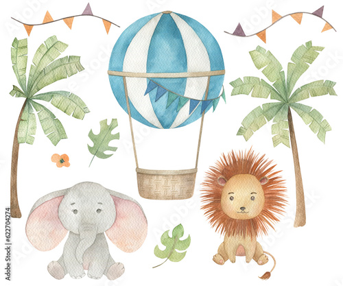 Watercolor baby collection with hot air balloon, lion, elephant, palm tree, leaves and garlands. Hand drawn cute illustration on white background