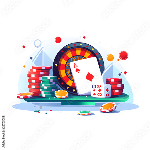 This minimalist vector illustration, designed by AI, is adapt to Online Casino websites and blogs. It shows a flat design cartoon of a green tray full of poker chips and cards.