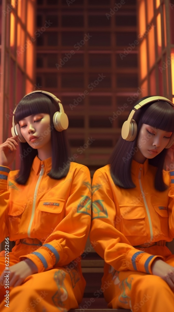 Asian twin sisters in orange clothes listening to music. Generative AI