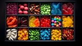 An assortment of different colored chewy candies in square trays.