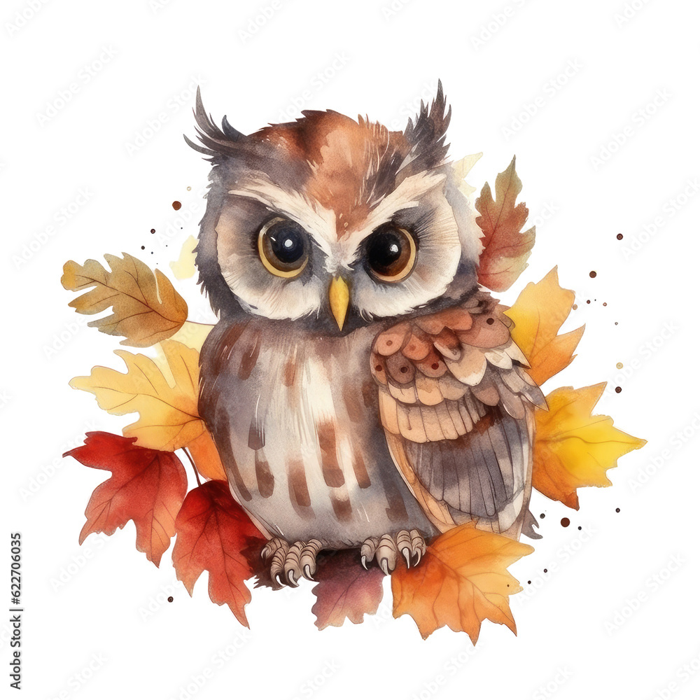Obraz premium Autumn Wisdom Captivating Owl in Watercolor Splendor