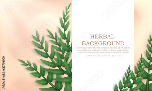 Beige web banner with realistic twigs with green leaves. Poster, herbal background with olive tree branches. Wallpaper with herbs, foliage, white space and text. 