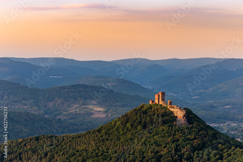 Burg Trifels Illuminated by the Setting Sun in Palatinate Forest seen from Rehbergturm, Rhineland-Palatinate, Germany, Europe