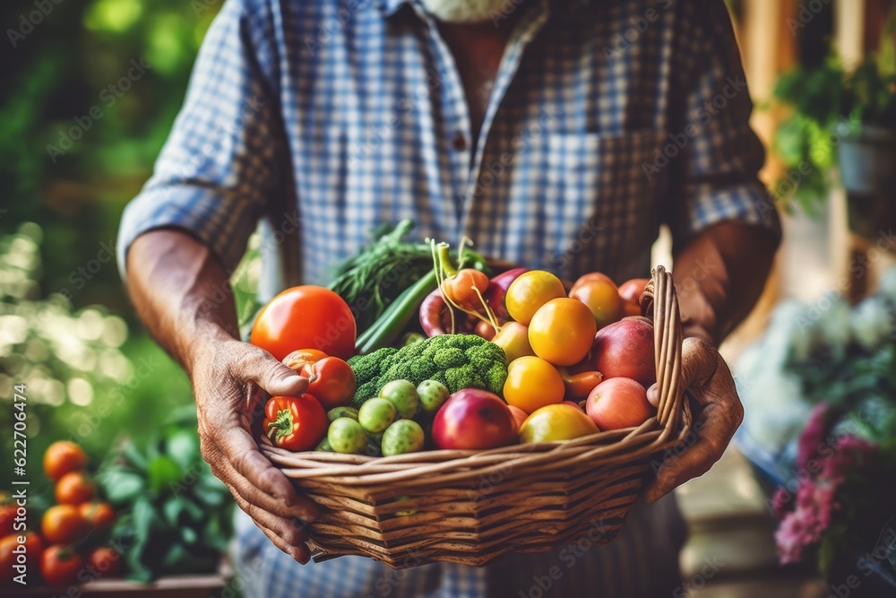 A farmer inspecting a basket of freshly harvested vegetables, displaying the fruits of their labor and promoting the freshness and quality of farm-to-table produce. Generative AI