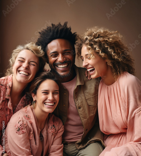 diverse group of smiling friends in front of a dark beige background