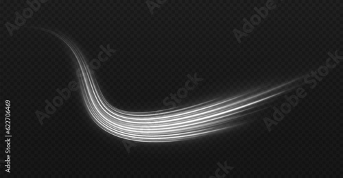 Silver space trail with light effect. Magic wavy comet on transparent background. Sparkle cosmic lines effect.