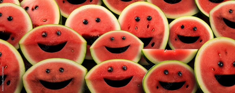 Smilling red fresh watermelon with black seeds in, summer healthy food panorama. Generative Ai. Smilling red fresh watermelon with black seeds in, summer healthy food panorama. Generative Ai.
