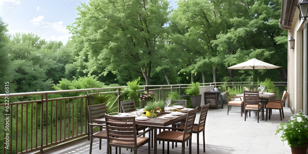 Sitting place in outdoor resort house terrace exterior with green foliage of trees Sitting place in outdoor resort house terrace exterior with green foliage of trees