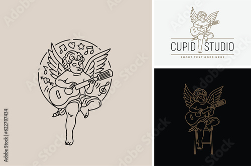 Baby Eros or Cupid Cherub Playing Guitar Illustration with Love Heart Arrow Music Notes for Musical Romance Wedding Band or Studio Record Logo Design photo