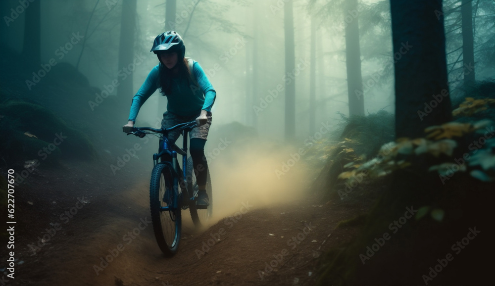 park woman cycling dark summer walking bike forest sunset sport bicycle. Generative AI.