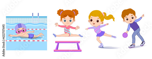 Happy children playing sport game, doing physical exercise. Training set. Active healthy childhood. Flat vector cartoon illustration isolated on white background