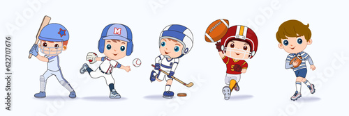 Happy children playing sport game, doing physical exercise. Training set. Active healthy childhood. Flat vector cartoon illustration isolated on white background