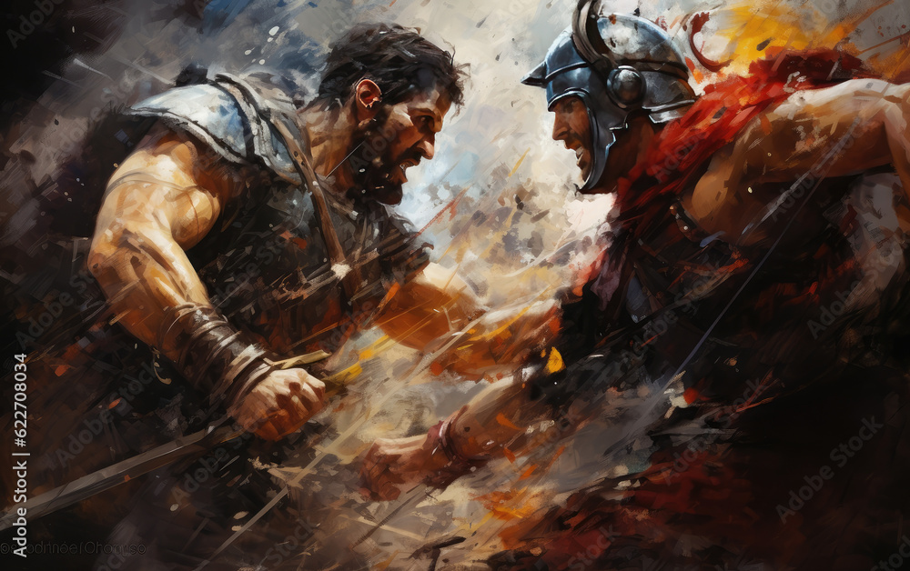Powerful battle piece that depicts an epic clash between two mighty warriors AI Generative