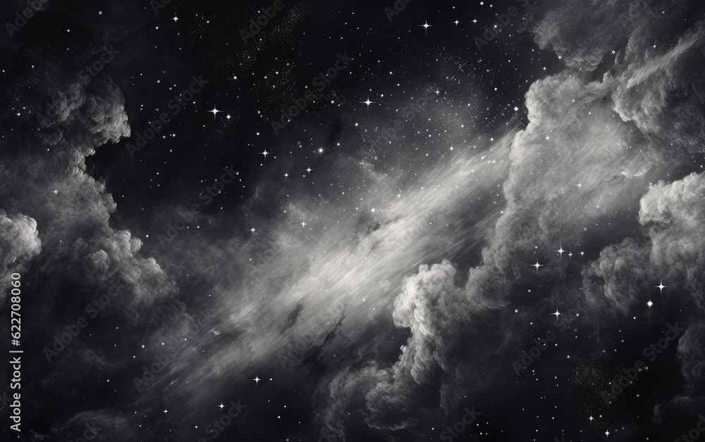 Highly detailed pencil drawing black and white that depicts the Milky Way and its celestial companions AI Generative