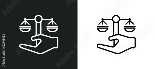 justice scales in hand outline icon in white and black colors. justice scales in hand flat vector icon from law and justice collection for web, mobile apps and ui.