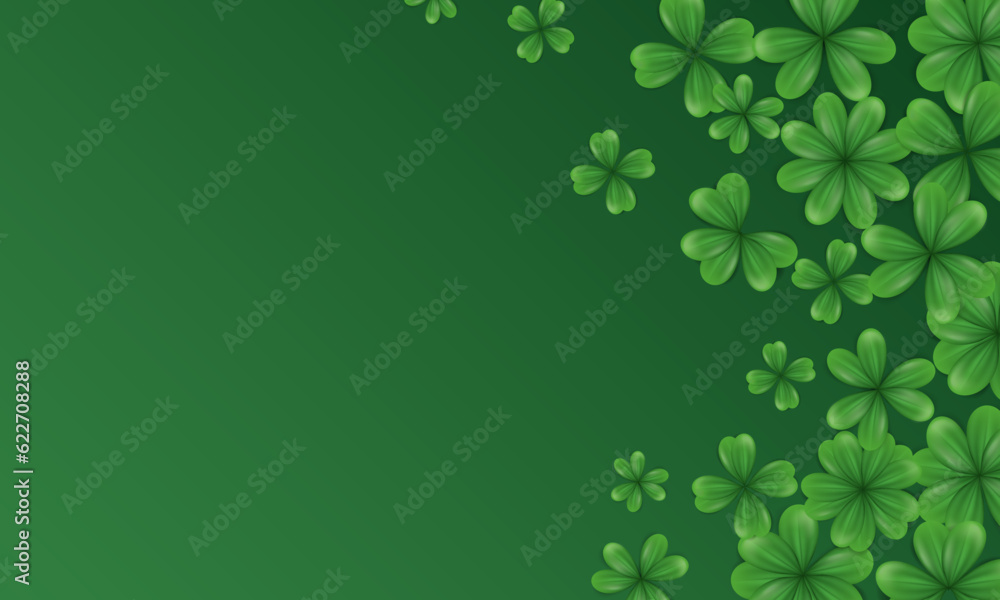 Template of blank green wallpaper with realistic clover border and empty space. Web banner with cartoon trefoil as an Irish symbol, sign of luck, fortune. Background with shamrock for St Patrick Day Template of blank green wallpaper with realistic clover border and empty space. Web banner with cartoon trefoil as an Irish symbol, sign of luck, fortune. Background with shamrock for St Patrick Day