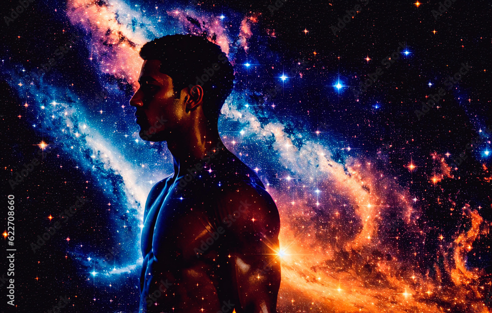 Man silhouette in space with stars and nebula. The concept of God in the image of a man against the background of the universe. Generative AI. Man silhouette in space with stars and nebula. The concept of God in the image of a man against the background of the universe. Generative AI.