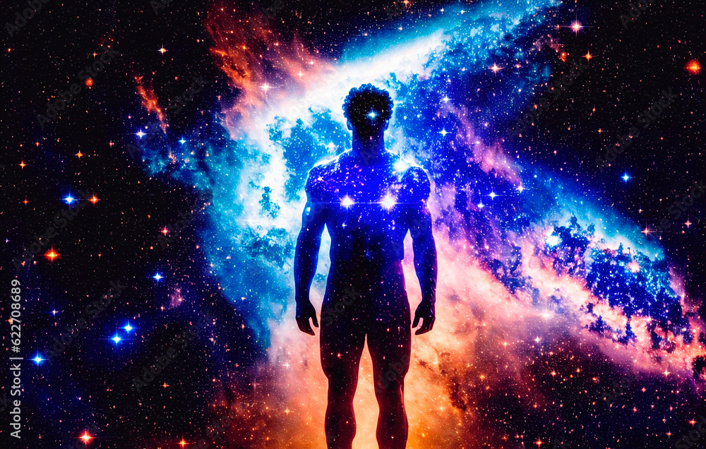 Fototapeta premium Man silhouette in space with stars and nebula. The concept of God in the image of a man against the background of the universe. Generative AI.