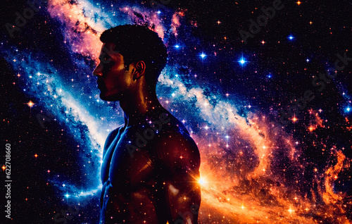 Man silhouette in space with stars and nebula. The concept of God in the image of a man against the background of the universe. Generative AI.