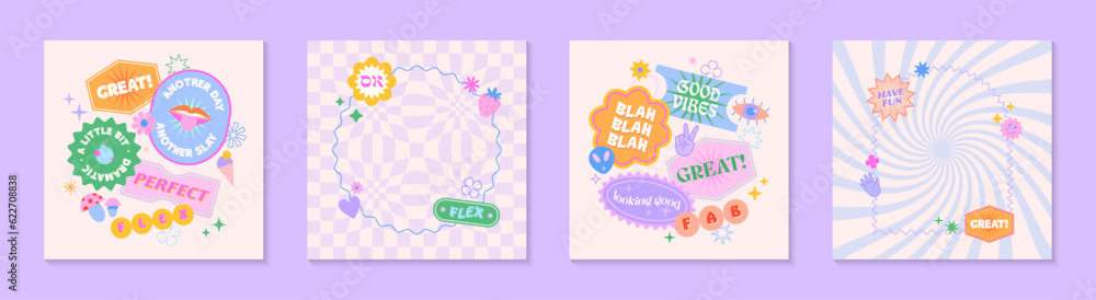 Vector templates with patches and stickers in 90s style.Modern emblems in y2k aesthetic chess and spiral backgrounds.Trendy funky designs for banners,social media marketing,branding,packaging,covers Vector templates with patches and stickers in 90s style.Modern emblems in y2k aesthetic chess and spiral backgrounds.Trendy funky designs for banners,social media marketing,branding,packaging,covers