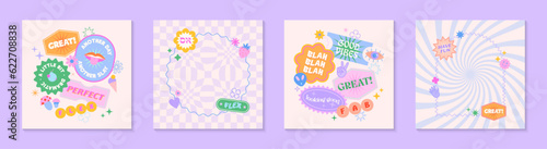 Vector templates with patches and stickers in 90s style.Modern emblems in y2k aesthetic chess and spiral backgrounds.Trendy funky designs for banners,social media marketing,branding,packaging,covers