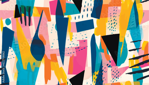 Hand drawn trendy geometric abstract print. Colorful creative collage pattern. Multicolored cartoon style illustration