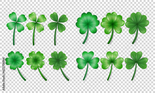 Big set of realistic vector green clovers various shape and style on transparent background. Different cartoon trefoil as an Irish symbol, sign of luck. Plant with leaves, shamrock for St Patrick Day