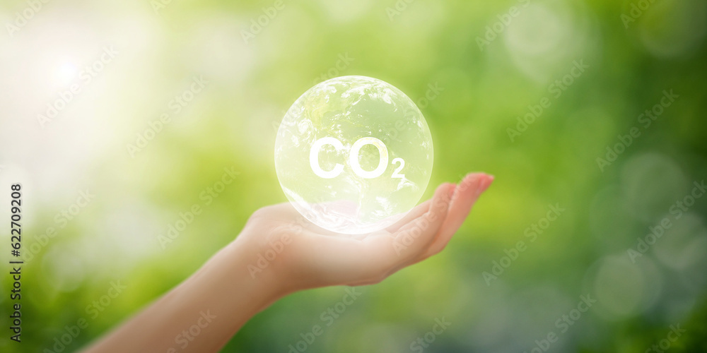 Hand holding earth with CO2 (Carbon Dioxide) text inside on blurred natural background, carbon dioxide reduction concept for mitigating climate change and promoting environmental sustainability