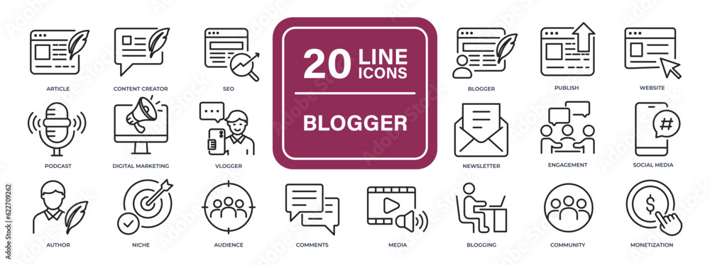 Blogger line icons. Editable stroke. For website marketing design, logo, app, template, ui, etc. Vector illustration. Blogger line icons. Editable stroke. For website marketing design, logo, app, template, ui, etc. Vector illustration.