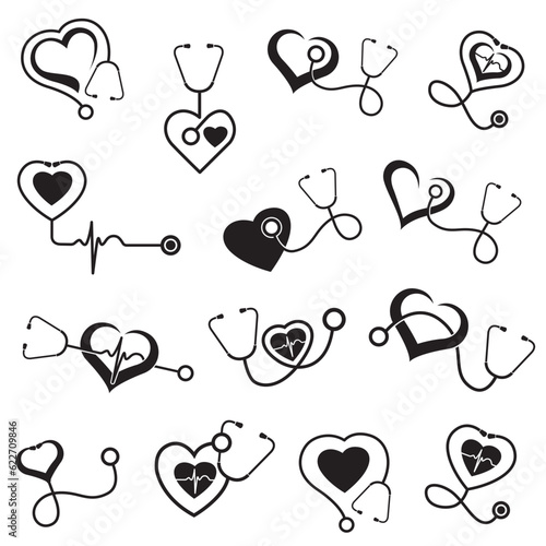 collection of medical halth care icons with stethoscope and heart isolated on white background