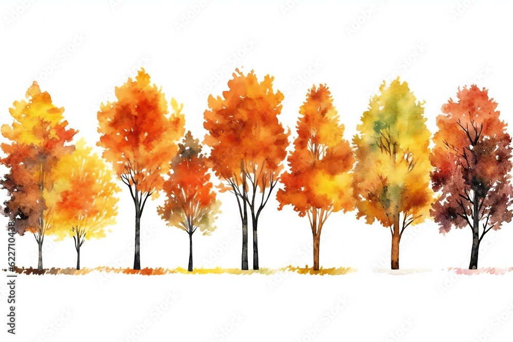 Watercolor autumn trees clip art on white background Generative AI Watercolor autumn trees clip art on white background Generative AI