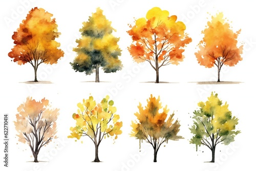 Watercolor autumn trees clip art on white background Generative AI 
