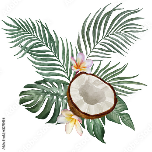 Tropical watercolor composition with palm leaves, coconut and plumeria flowers. Transparent background, high resolution.
