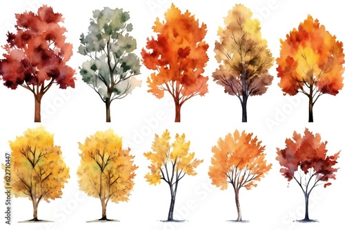 Watercolor autumn trees clip art on white background Generative AI 