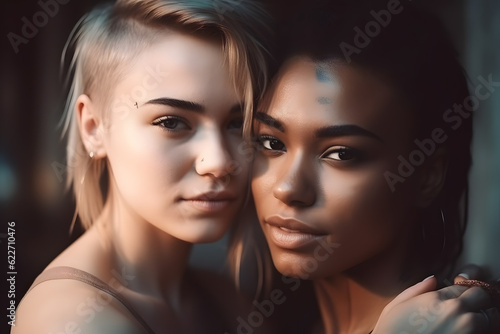 Beautiful young lesbian couple embracing passionately. Generative AI