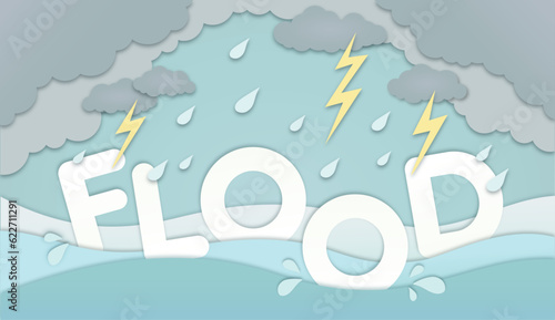 Flood text among grey clouds, rain drops and lightning bolts, natural disaster flash flood illustration